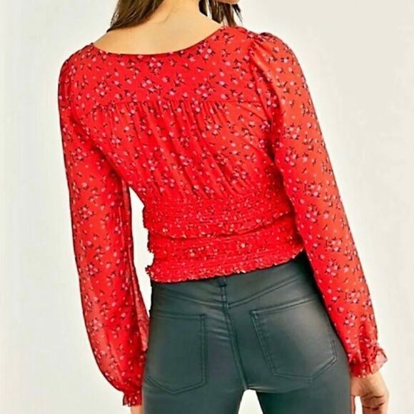 Free People Lolita Top Red Women's Keyhole Floral Pouf Square Neck Blouse Sz M - Picture 4 of 13